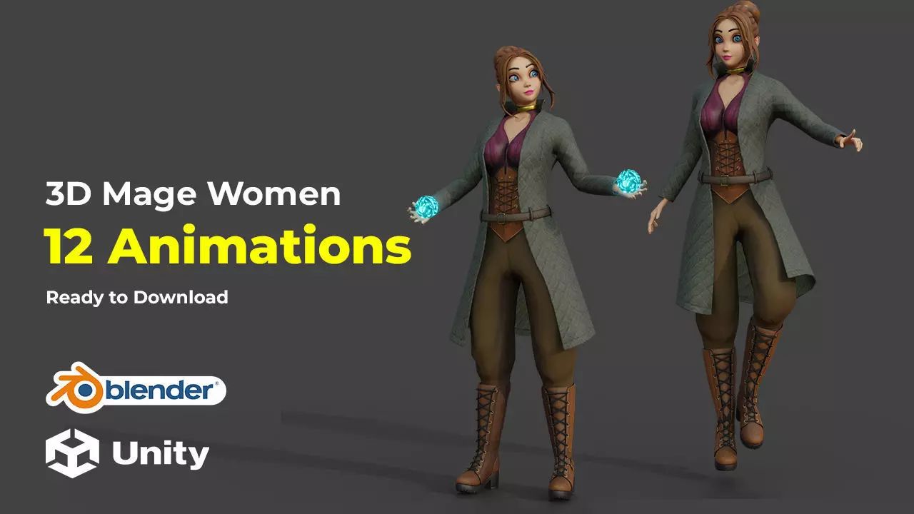 Mage Cartoon Female Rigged and Animated in Blender with Unity Low-poly 3D model
