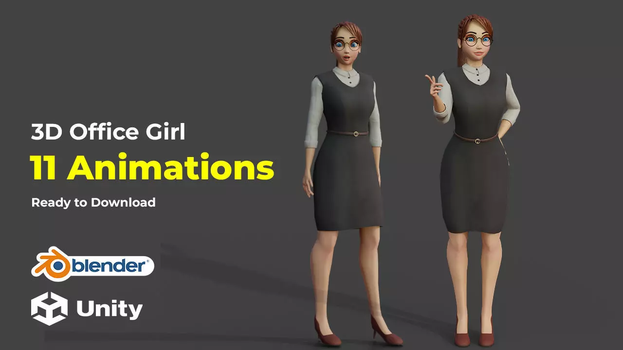 Cartoon Office Girl Rigged Animated Blender with Unity Low-poly 3D model