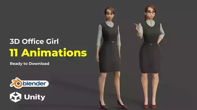 Cartoon Office Girl Rigged Animated Blender with Unity