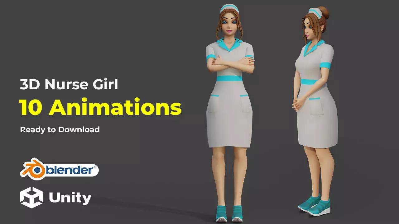 Cartoon Nurse Female Rigged Animated Blender with Unity  Low-poly 3D model_0