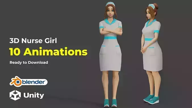 Cartoon Nurse Female Rigged Animated Blender with Unity  Low-poly 3D model
