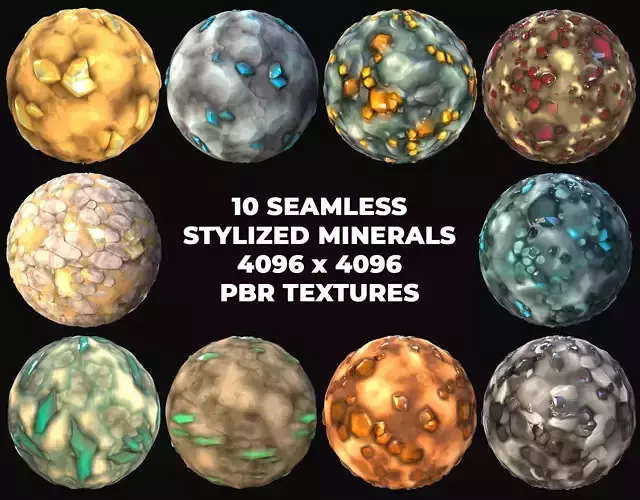 10 Seamless Stylized Minerals and Ores PBR Materials - Set 1 - 