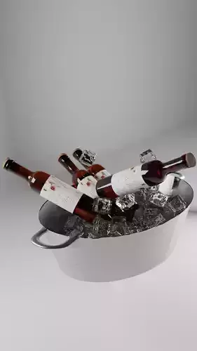 A bottle of red wine with ice and its ice bucket