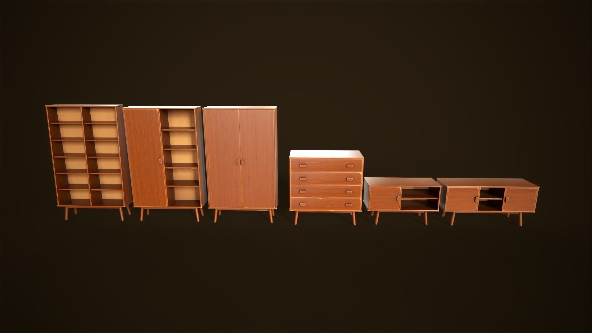 Retro furniture set Low-poly 3D model_2