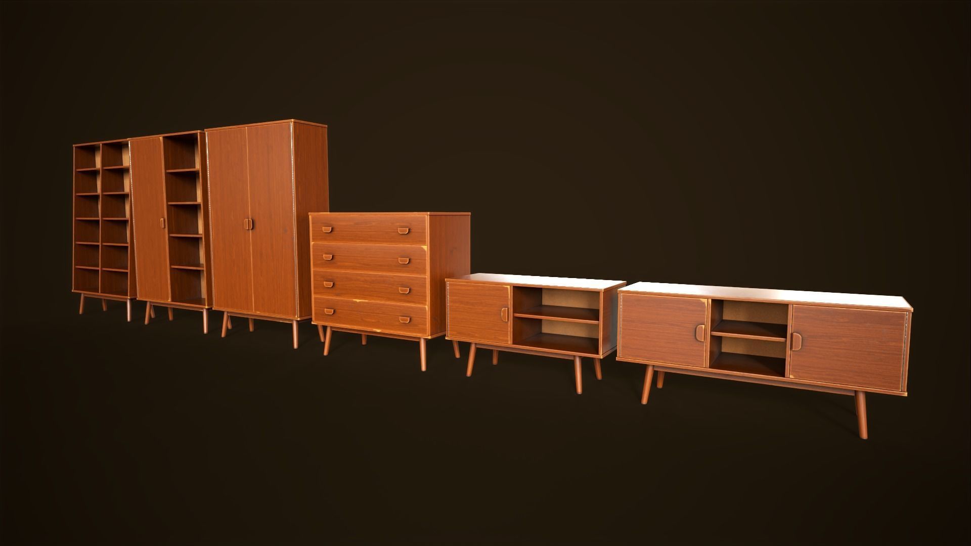 Retro furniture set Low-poly 3D model_4