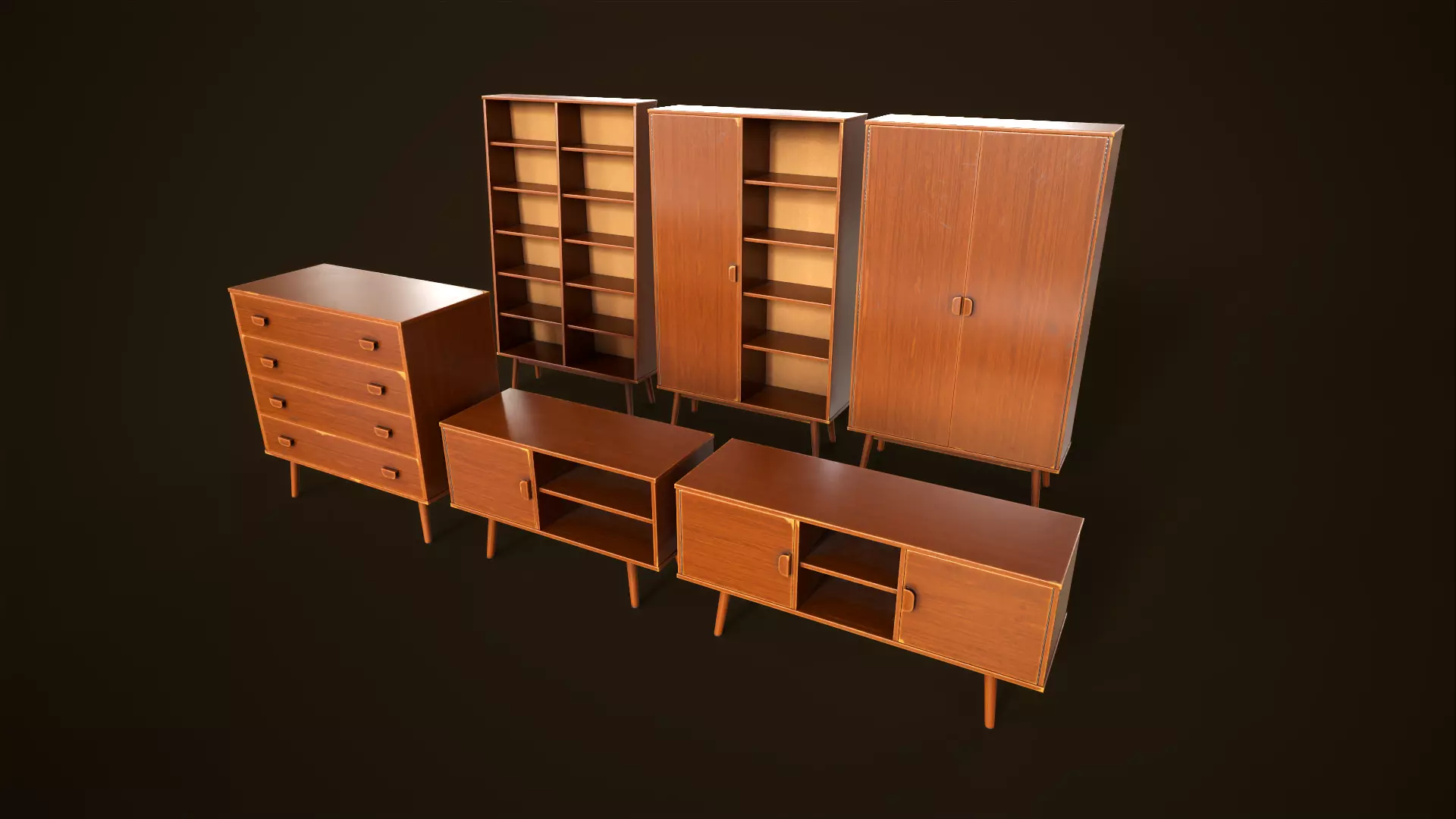 Retro furniture set Low-poly 3D model_0