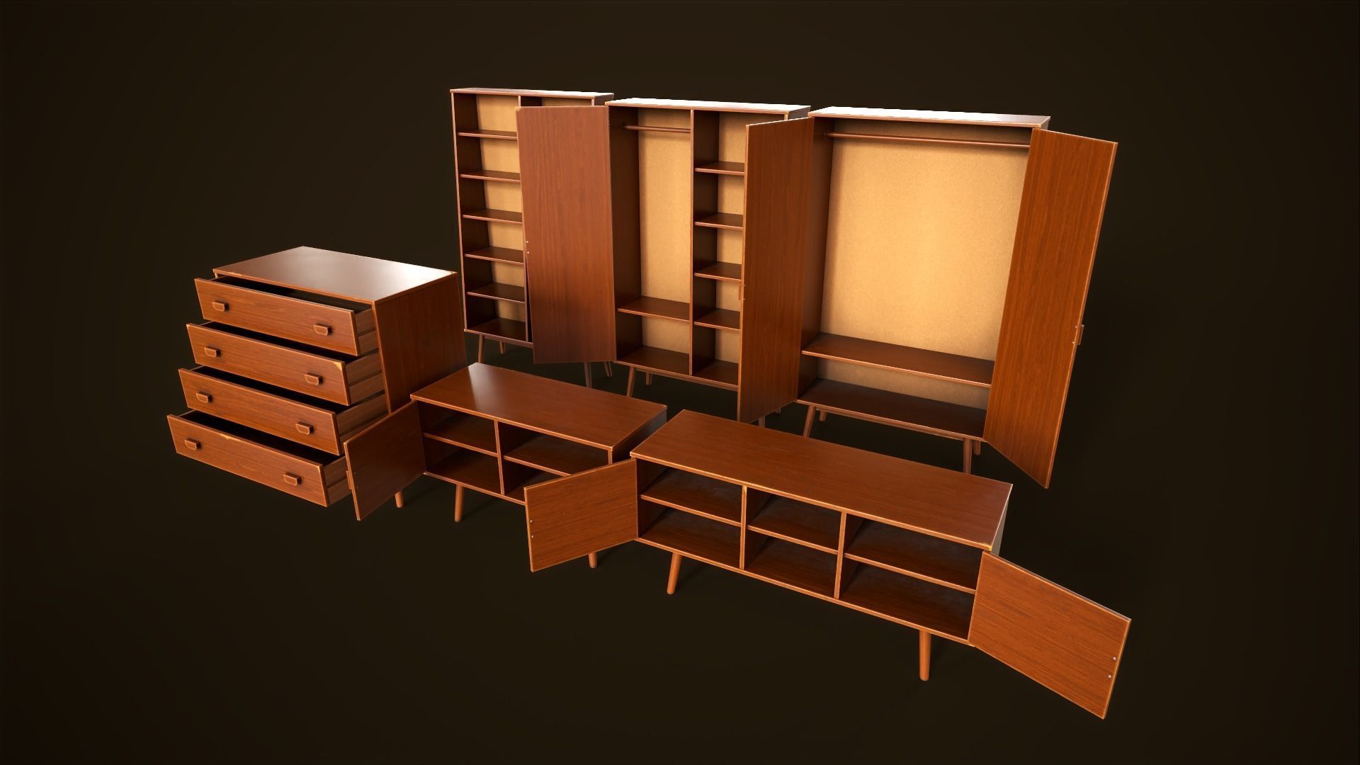Retro furniture set Low-poly 3D model_1