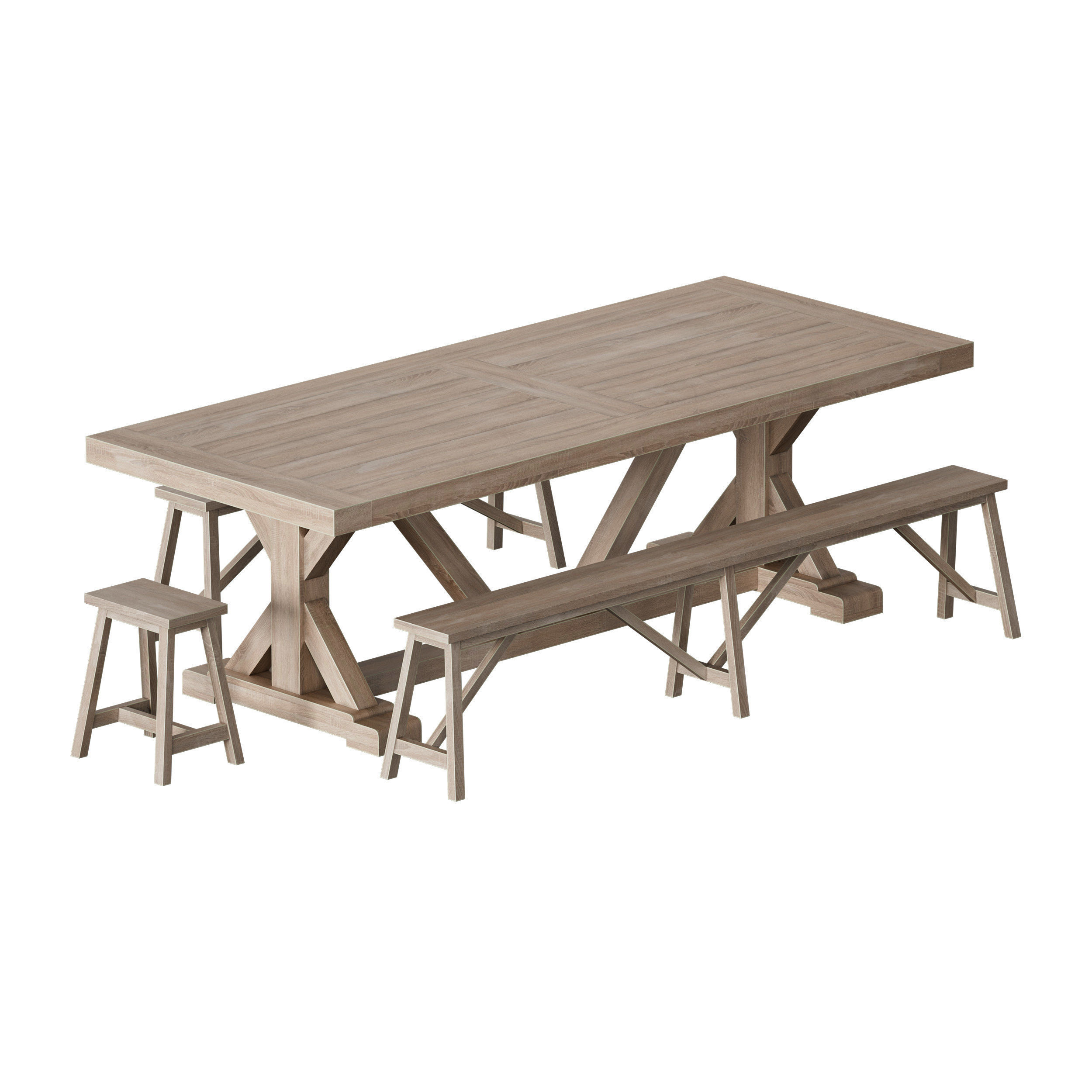 Terrain Trestle Teak Dining Table with Benches 3D model_2