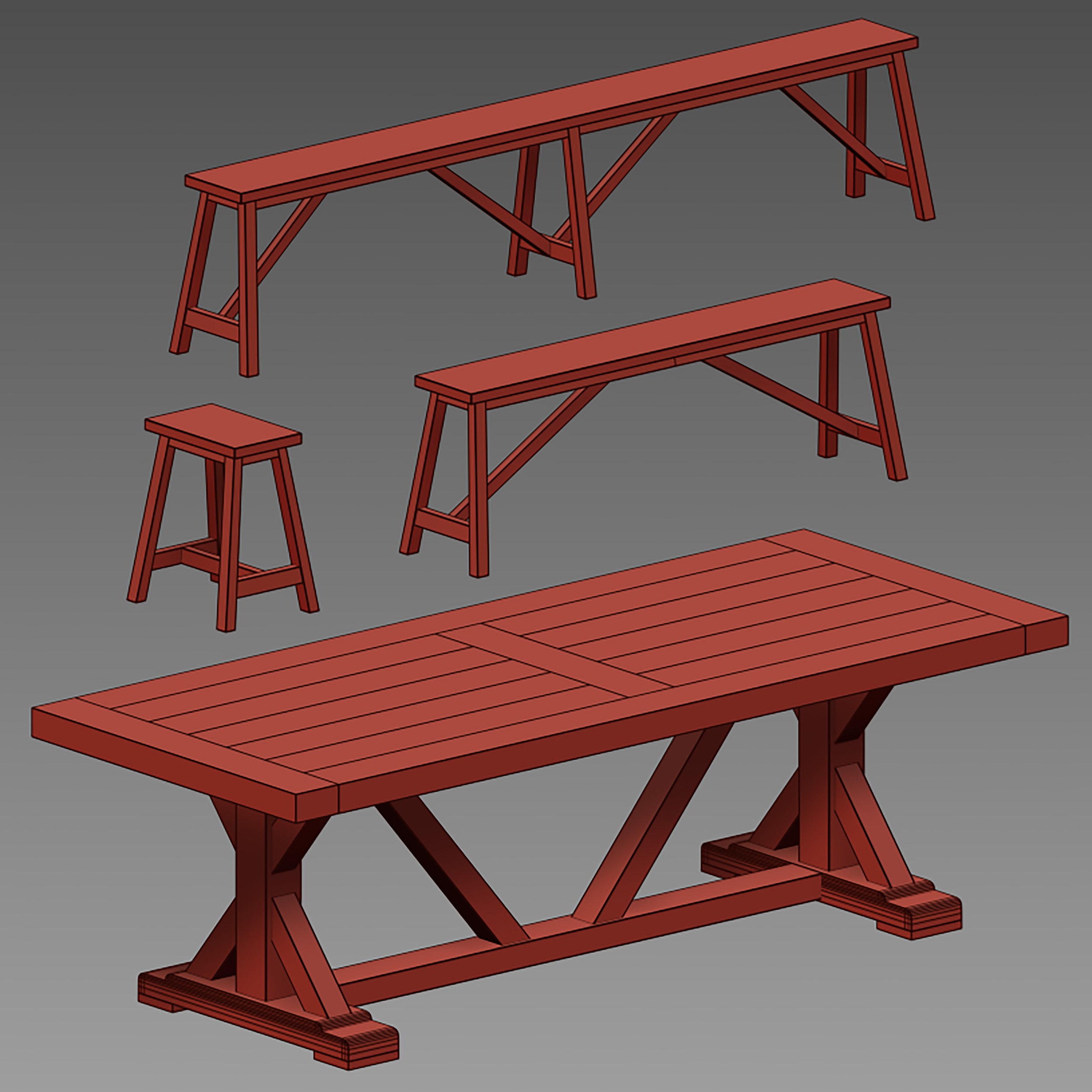 Terrain Trestle Teak Dining Table with Benches 3D model_22