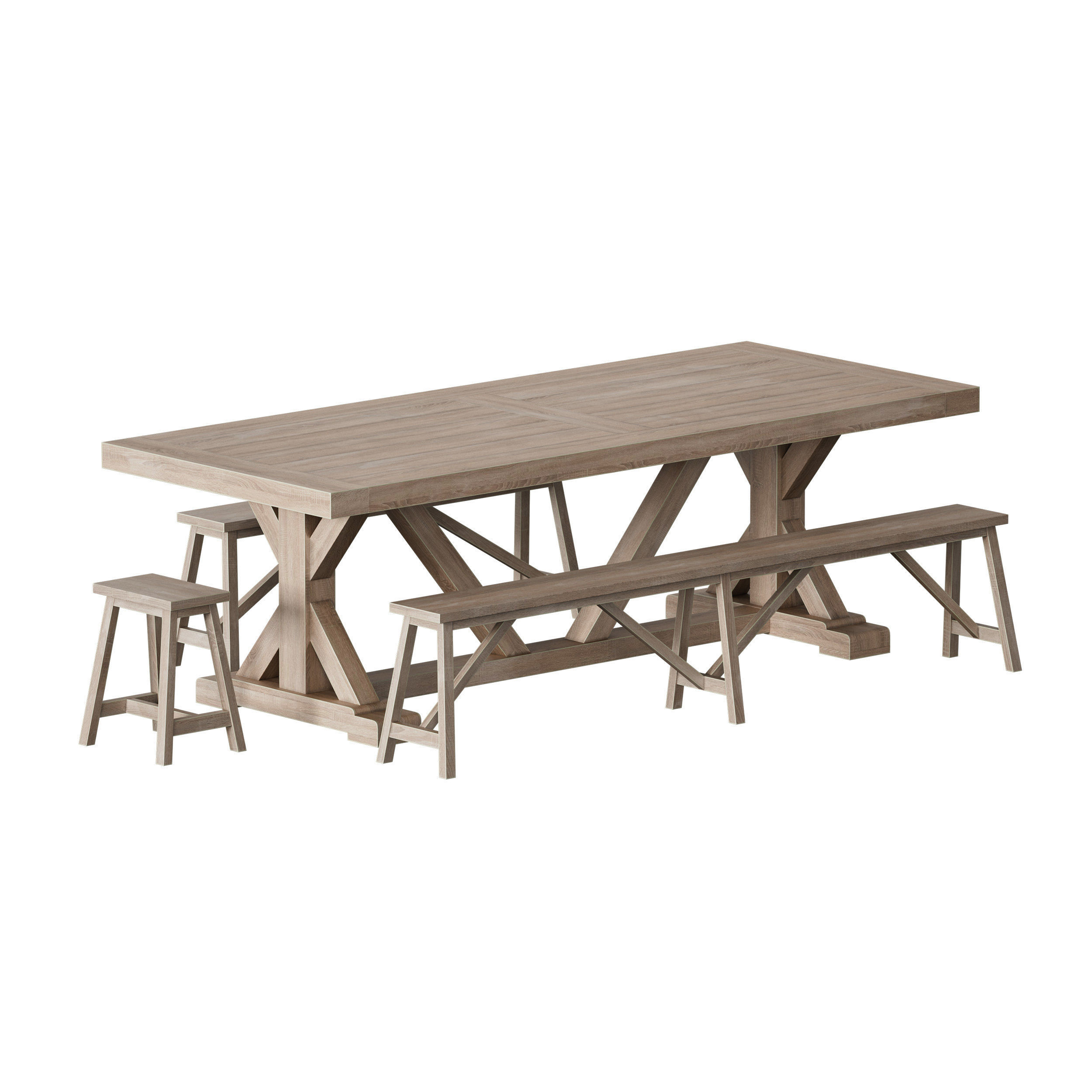 Terrain Trestle Teak Dining Table with Benches 3D model_1