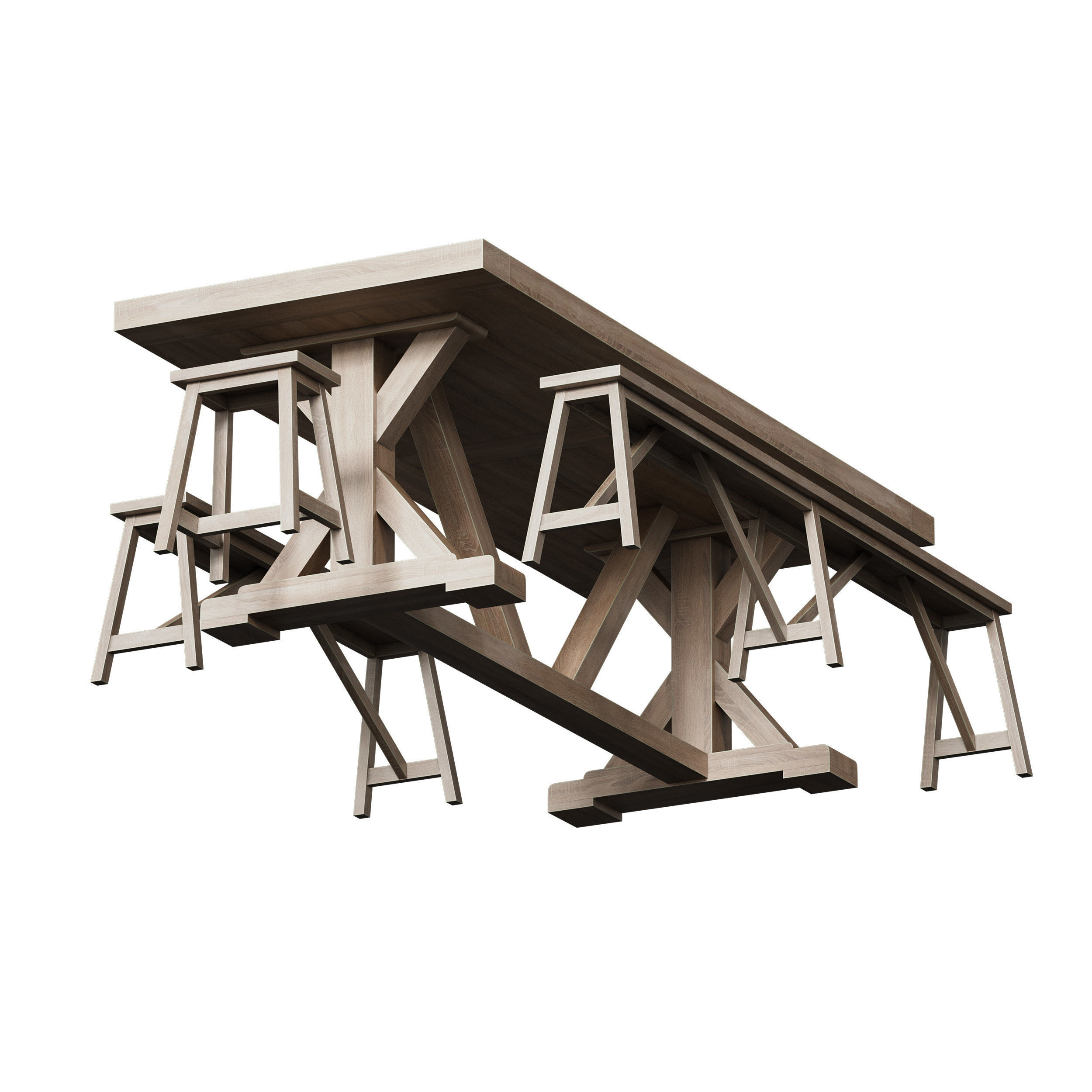Terrain Trestle Teak Dining Table with Benches 3D model_5