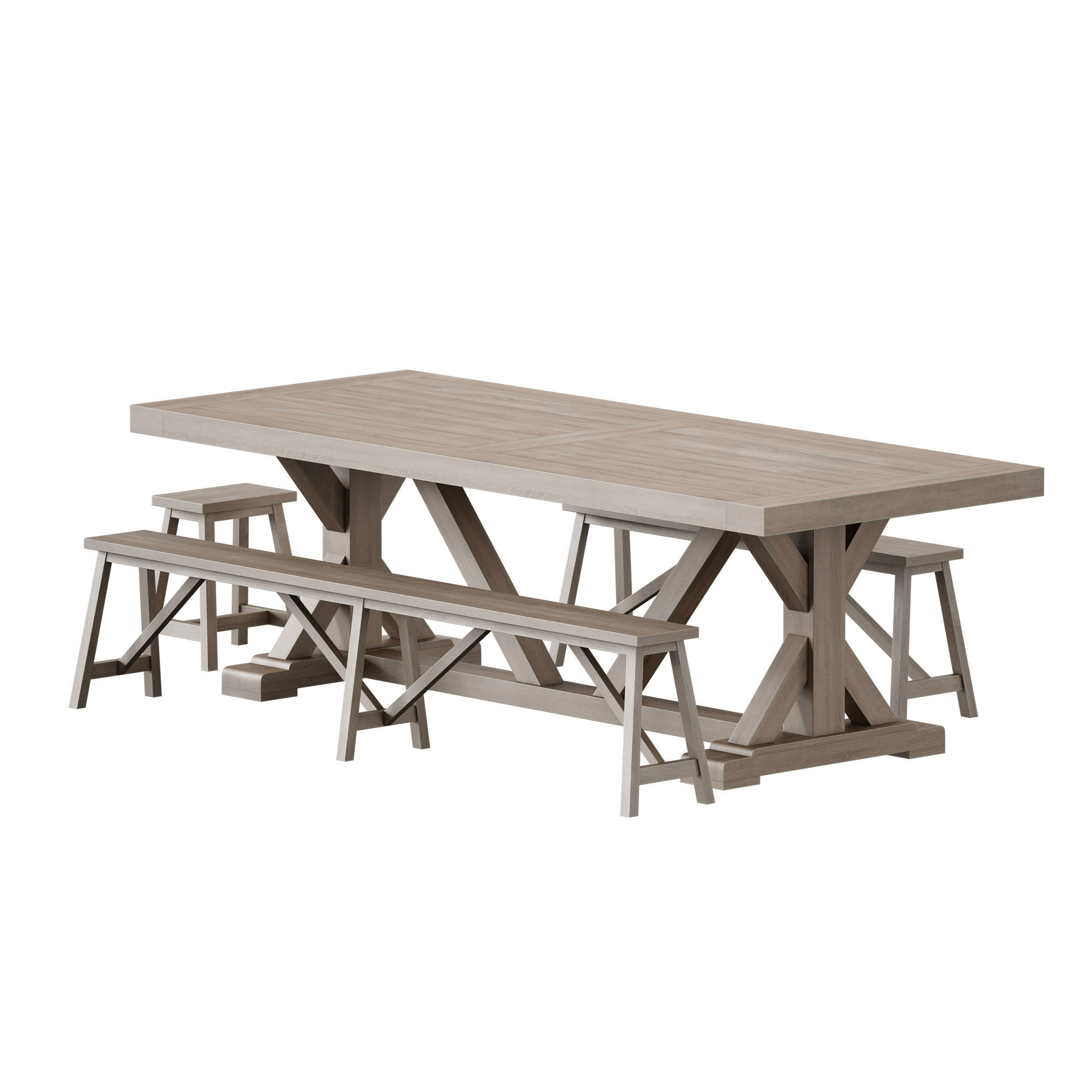 Terrain Trestle Teak Dining Table with Benches 3D model_7