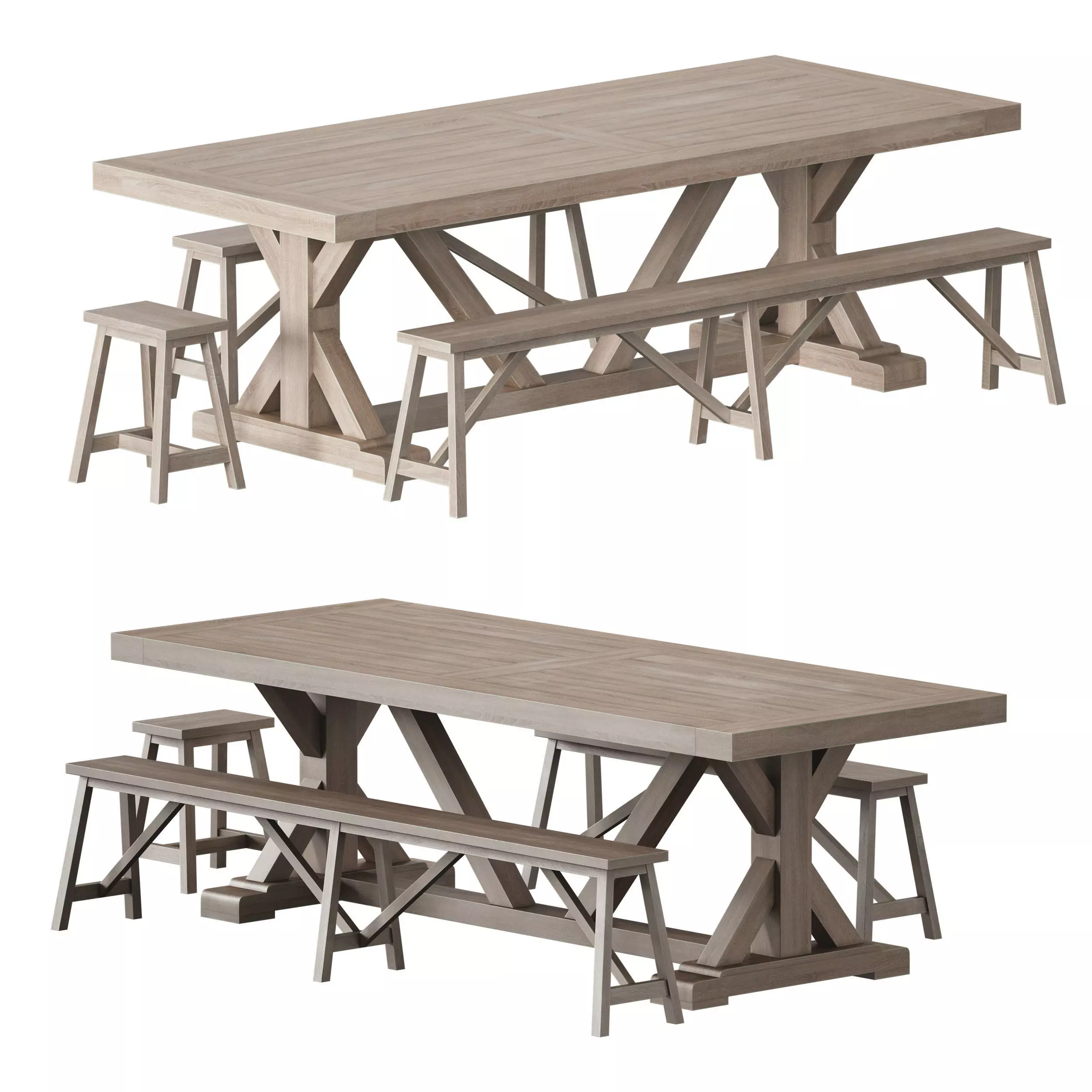 Terrain Trestle Teak Dining Table with Benches 3D model_0