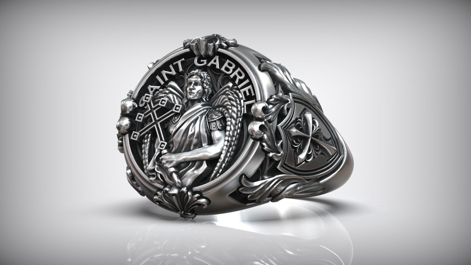 Saint Gabriel Archangel Shield Cross Symbol Christian Ring 3D print model_2