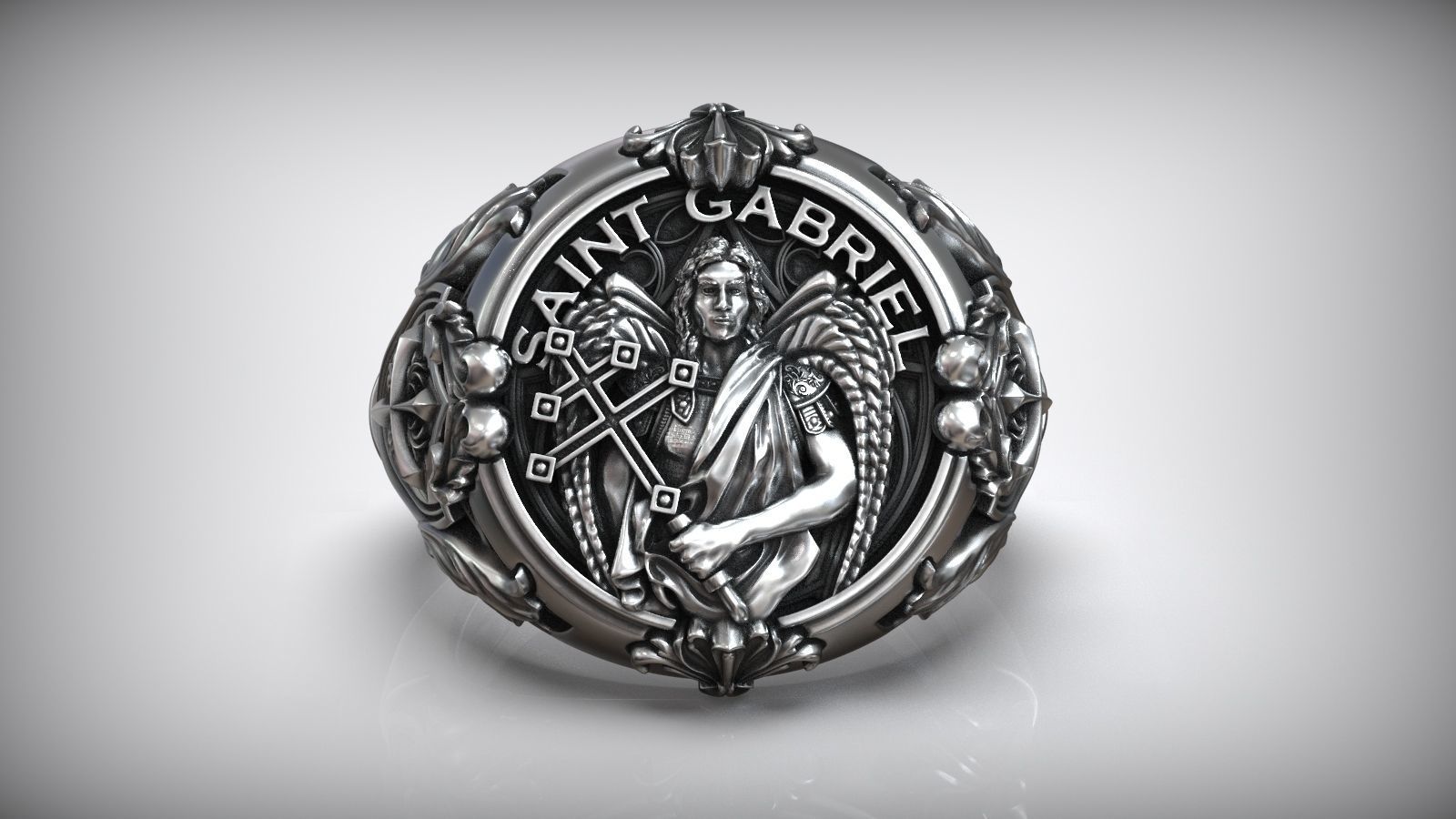 Saint Gabriel Archangel Shield Cross Symbol Christian Ring 3D print model_1