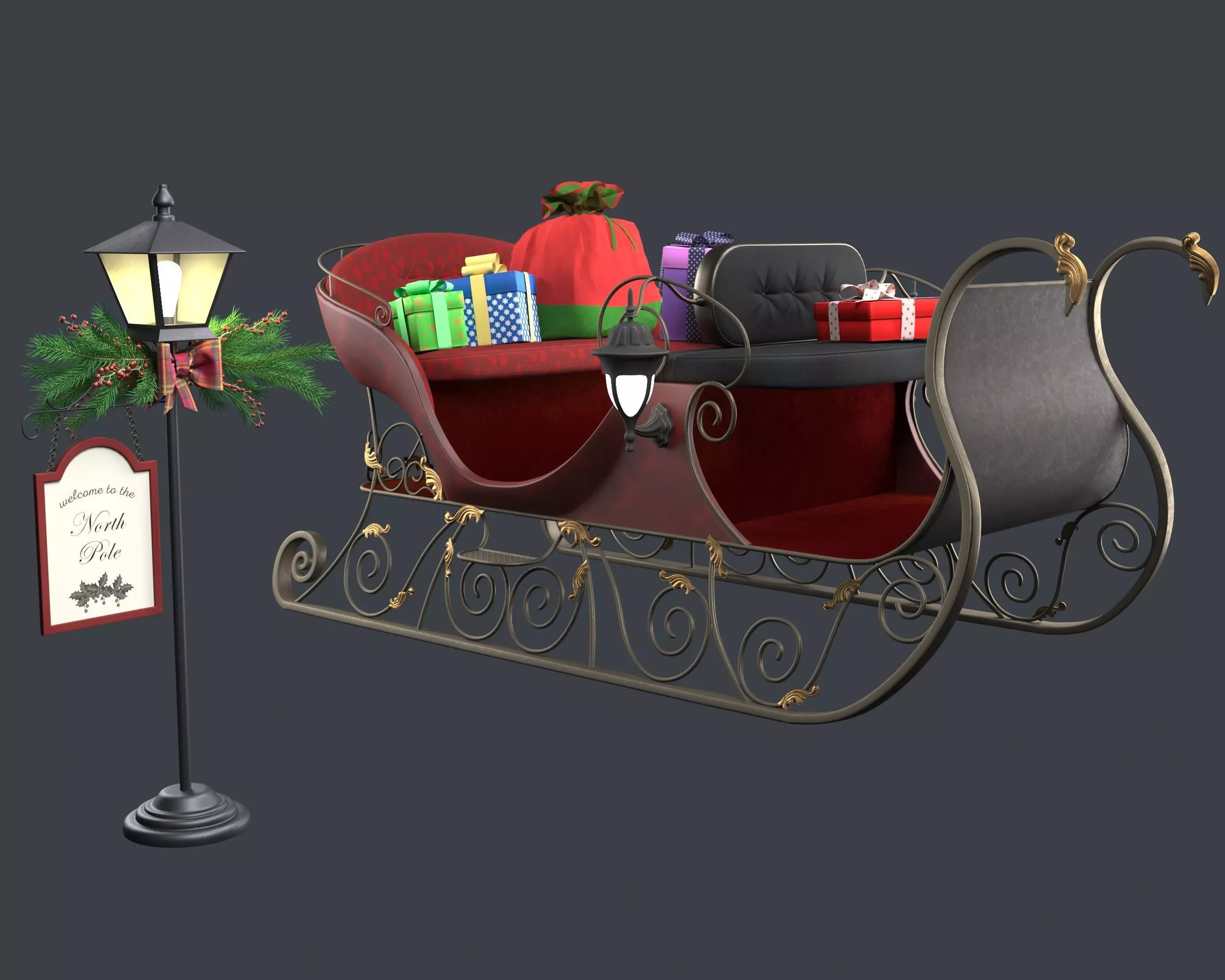  Santas sleigh and Floor Christmas lamp 3D Model Collection_0