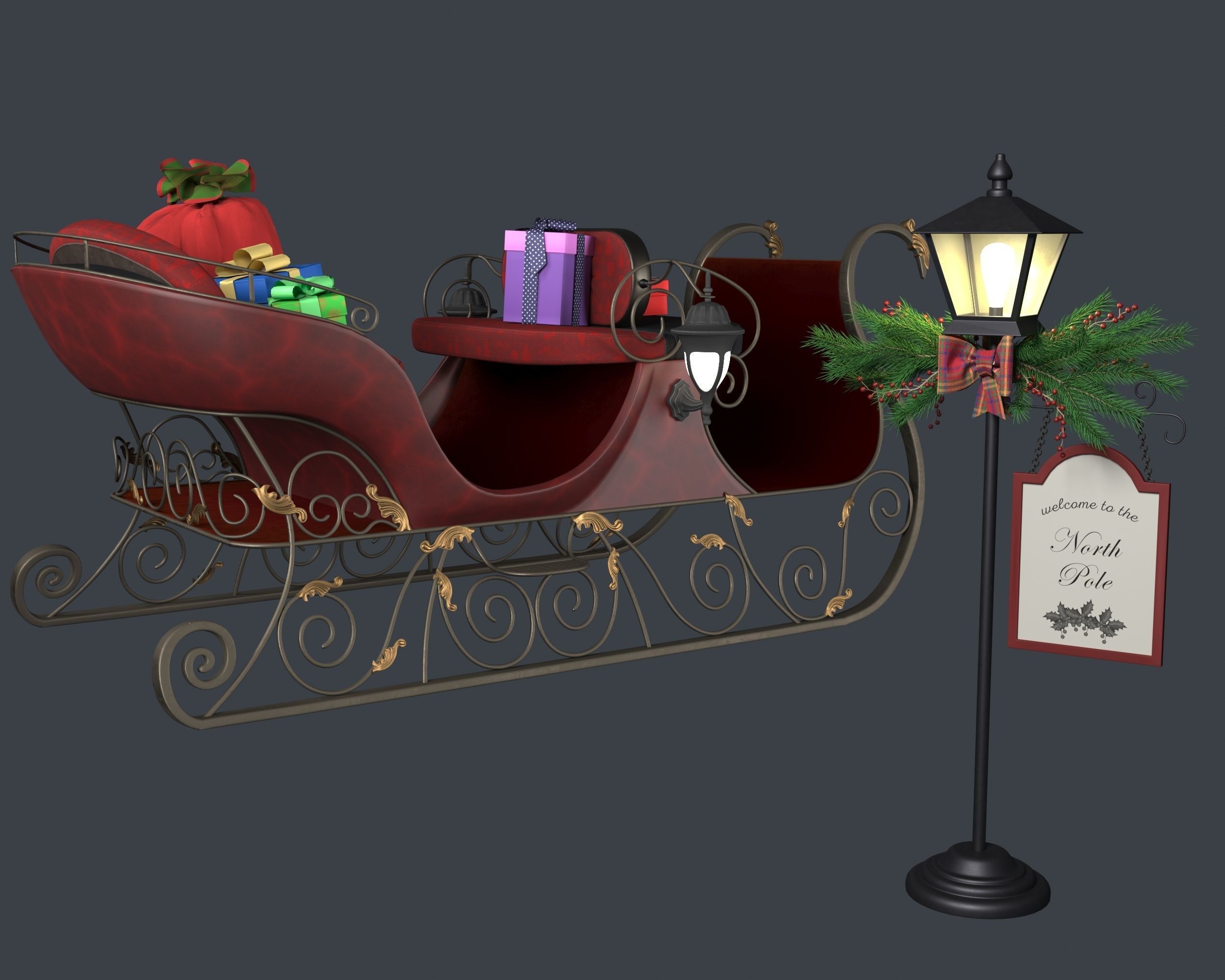  Santas sleigh and Floor Christmas lamp 3D Model Collection_2