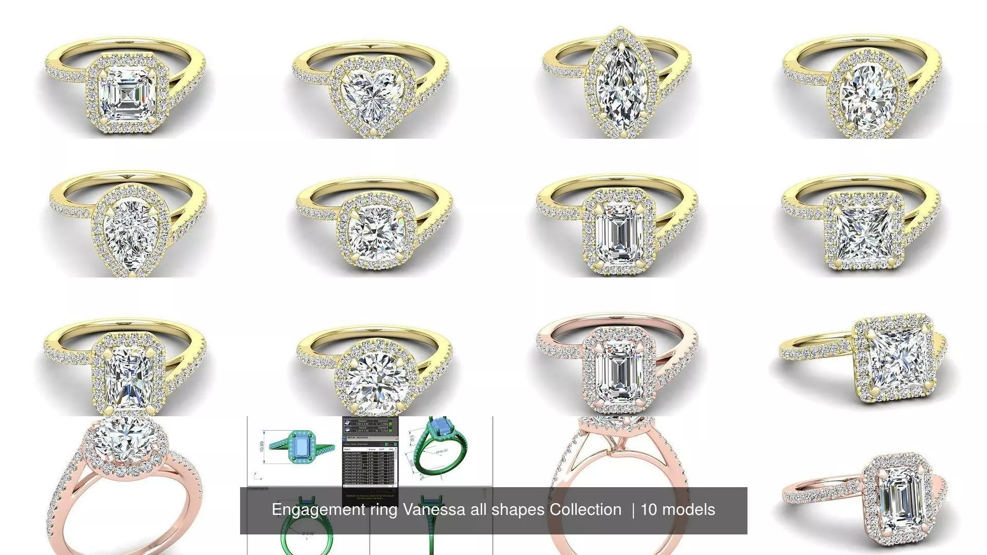 Engagement ring Vanessa all shapes Collection 3D Model Pack