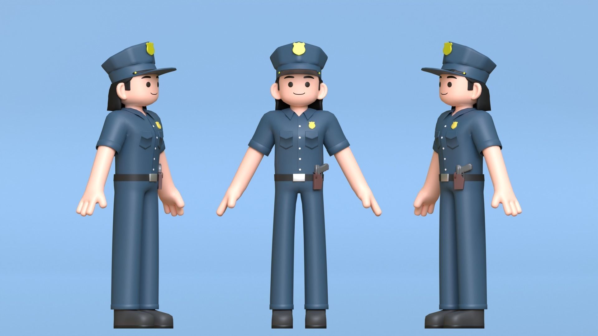Minimal Female Police Cartoon Character Low-poly 3D model_3