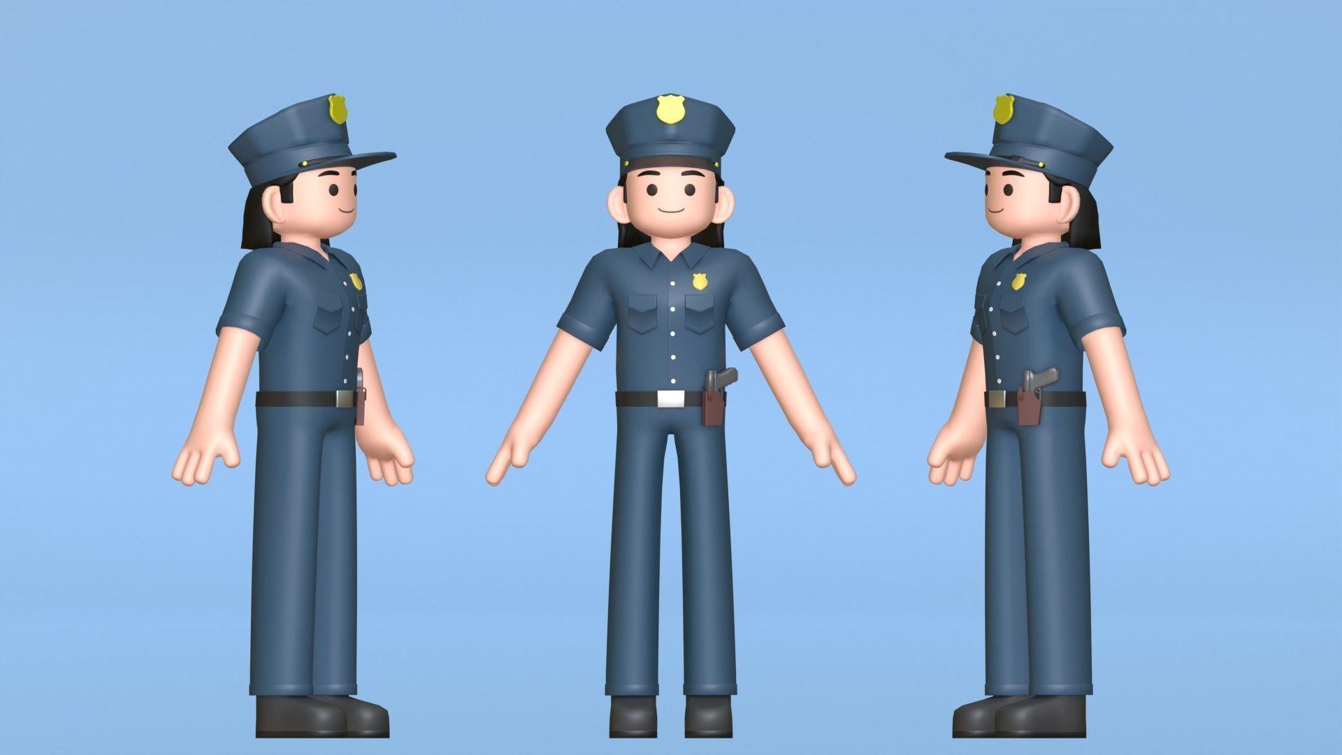 Minimal Female Police Cartoon Character Low-poly 3D model_4