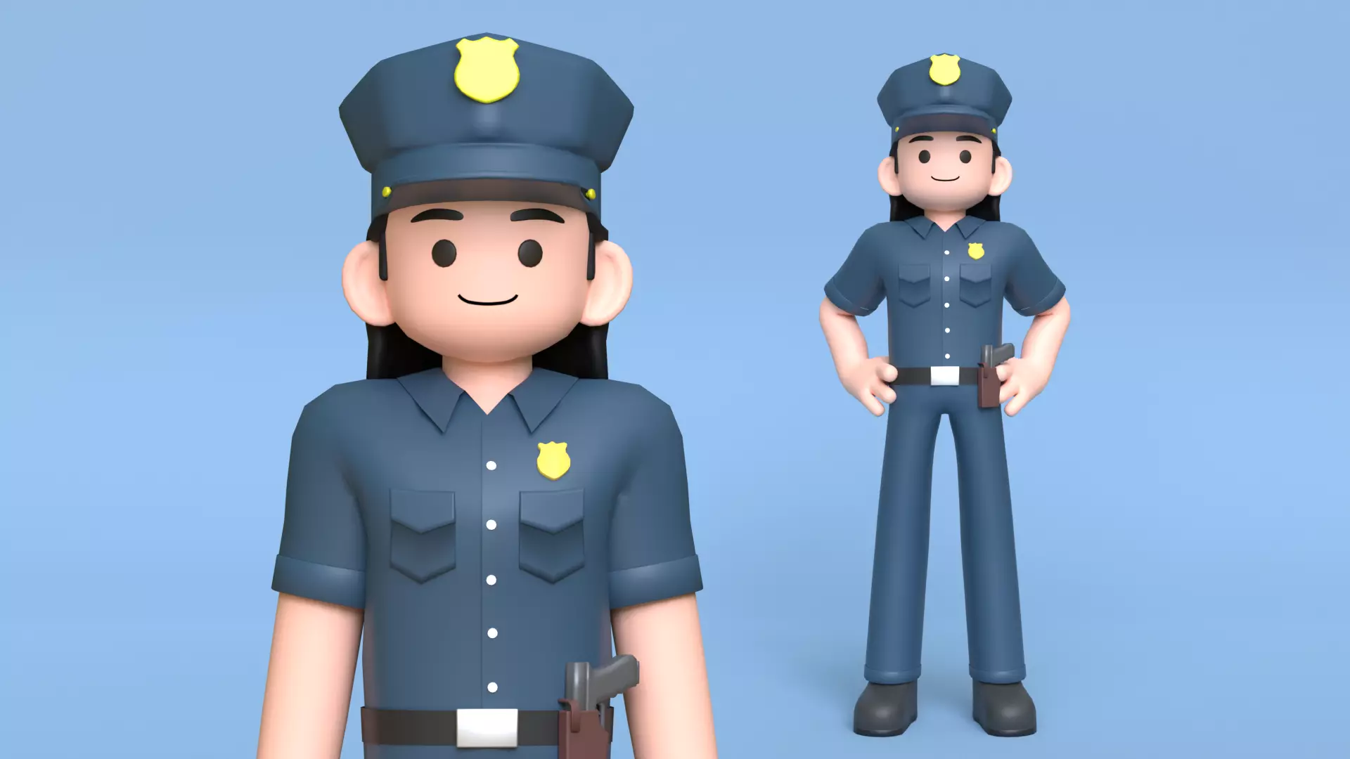 Minimal Female Police Cartoon Character Low-poly 3D model_0