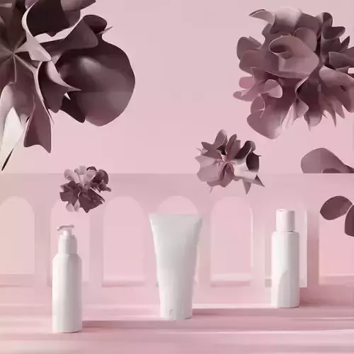 A femine minimalistic scene with a different cosmetic packages