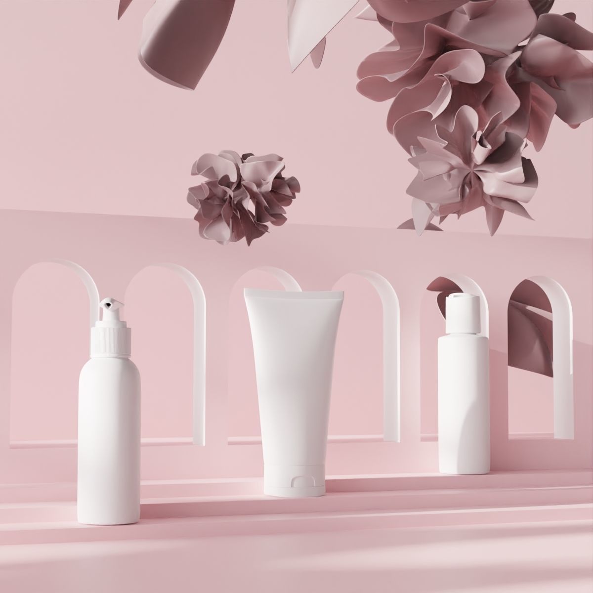 A femine minimalistic scene with a different cosmetic packages 3D model_1