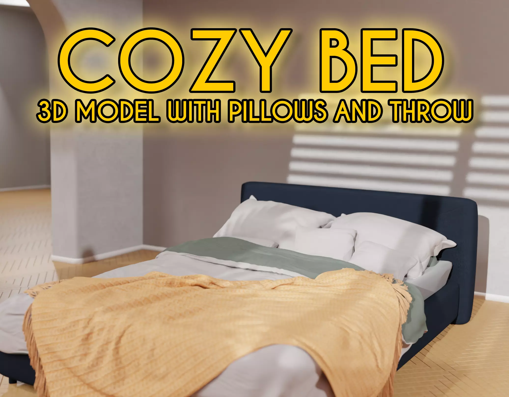 Dreamy Bed Escape - 3D Model with Pillows and Throw 3D model_0