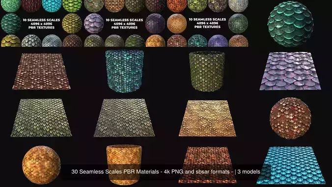 30 Seamless Scales PBR Materials - 4k PNG and sbsar formats -