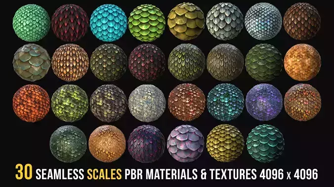 30 Seamless Scales PBR Materials - 4k PNG and sbsar formats -