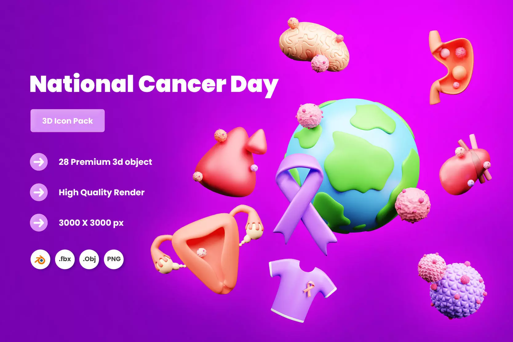National cancer day Icon Pack Illustration  3D model_0