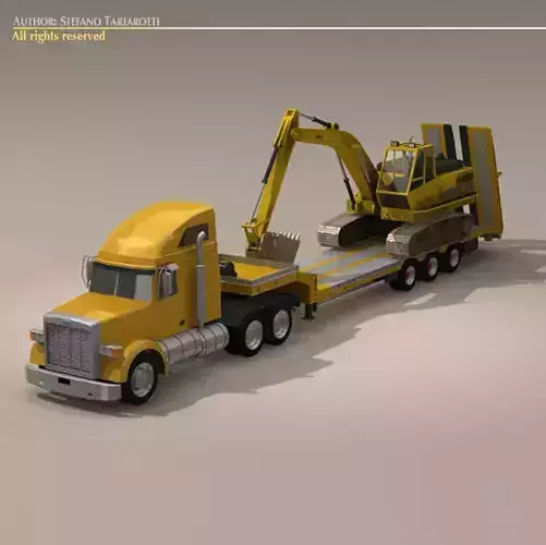 Truck with stepframe trailer and excavator