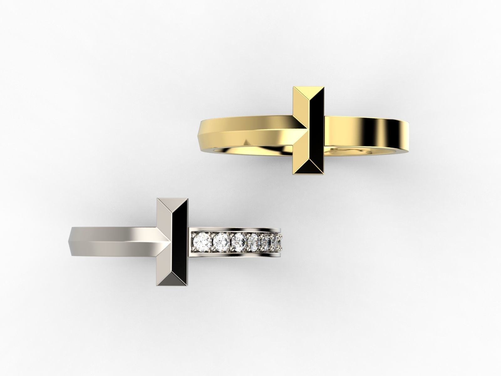 T-shape Gold Diamond Ring Tiffany T1 Band 3D print model_4