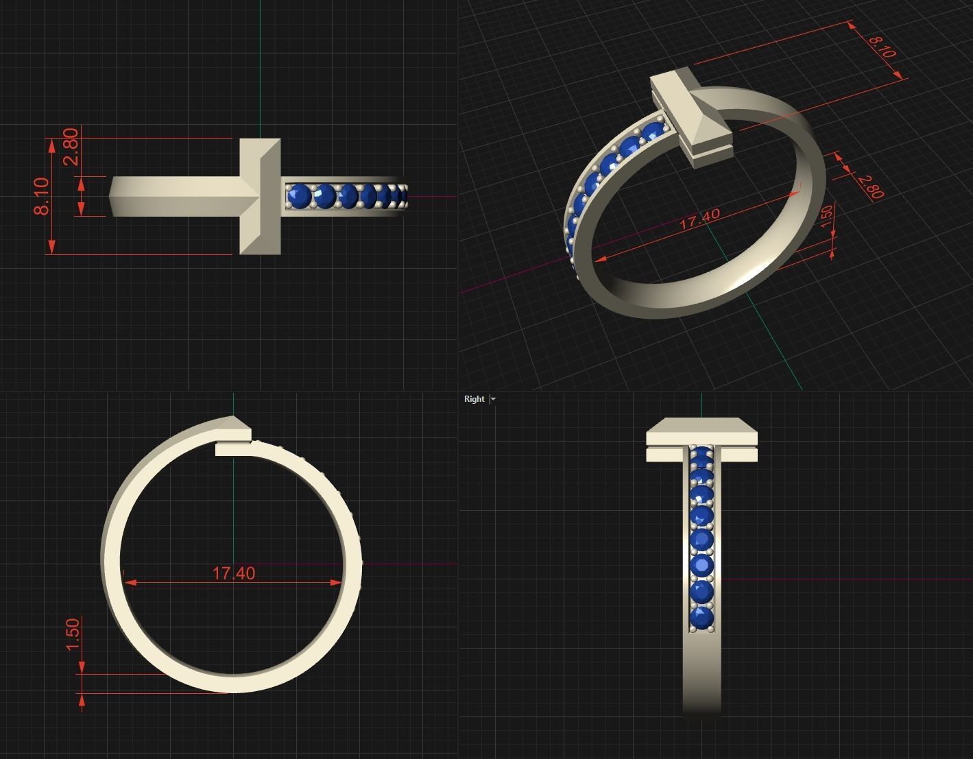 T-shape Gold Diamond Ring Tiffany T1 Band 3D print model_3