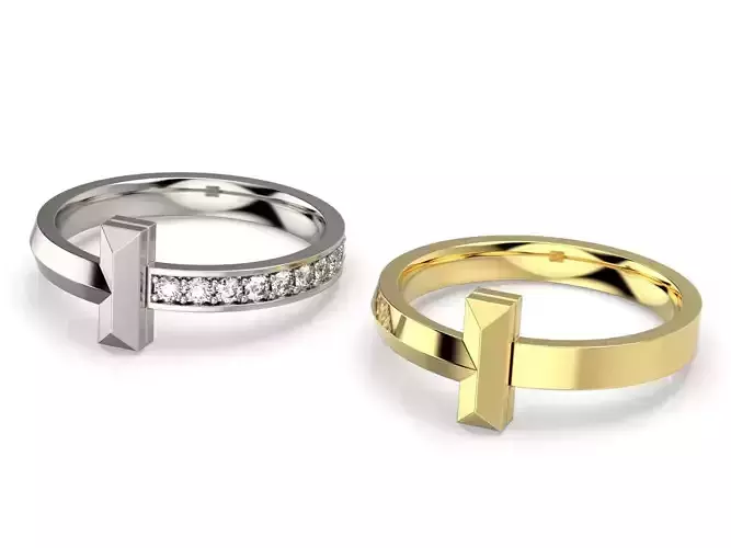 T-shape Gold Diamond Ring Tiffany T1 Band 3D print model