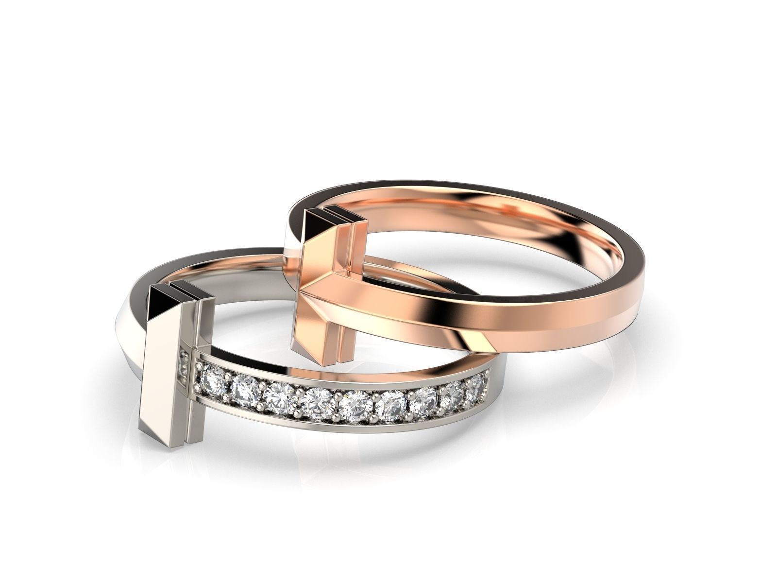 T-shape Gold Diamond Ring Tiffany T1 Band 3D print model_5