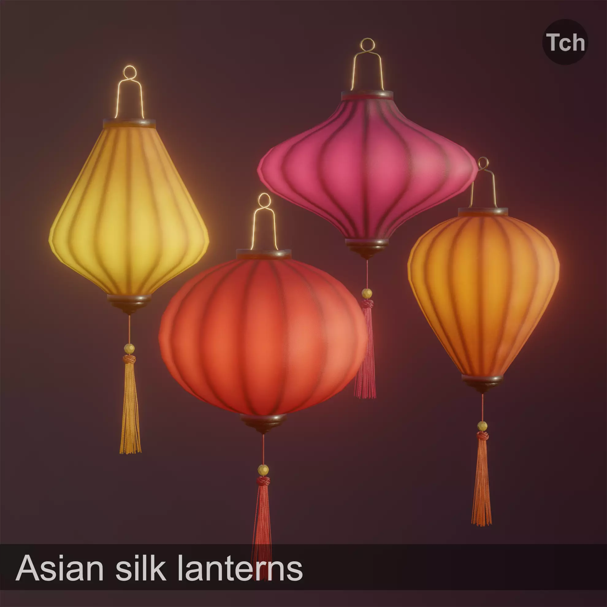 Asian silk lanterns Low-poly 3D model_0