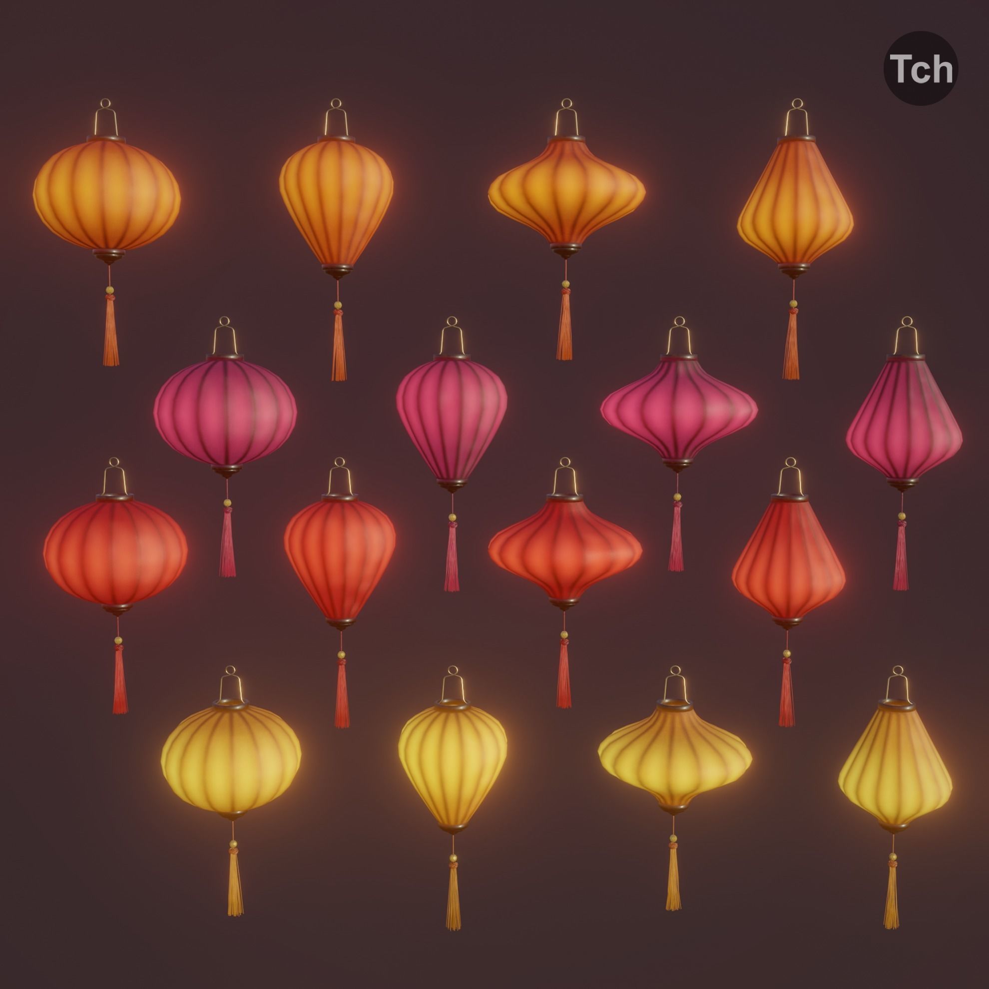 Asian silk lanterns Low-poly 3D model_3
