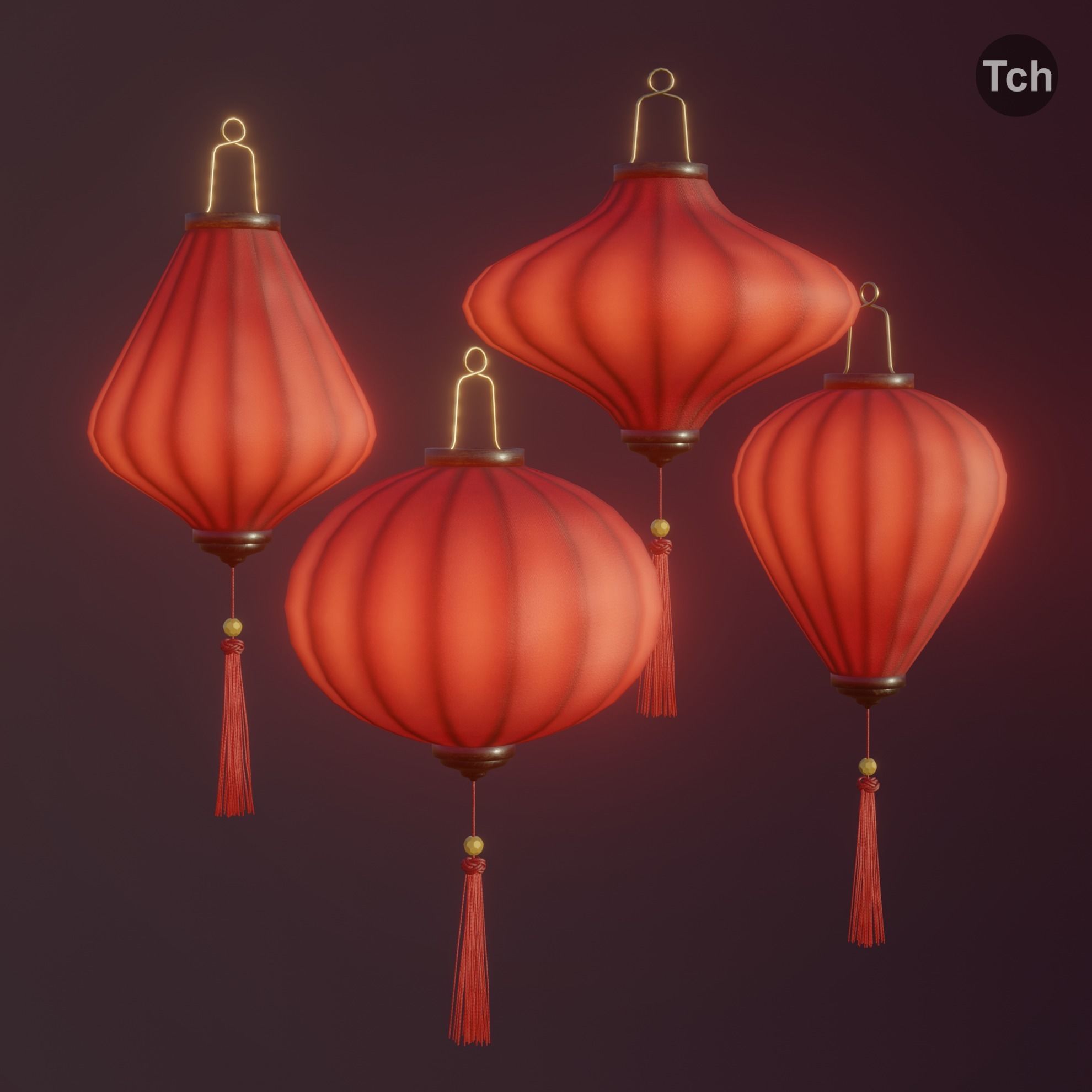 Asian silk lanterns Low-poly 3D model_4