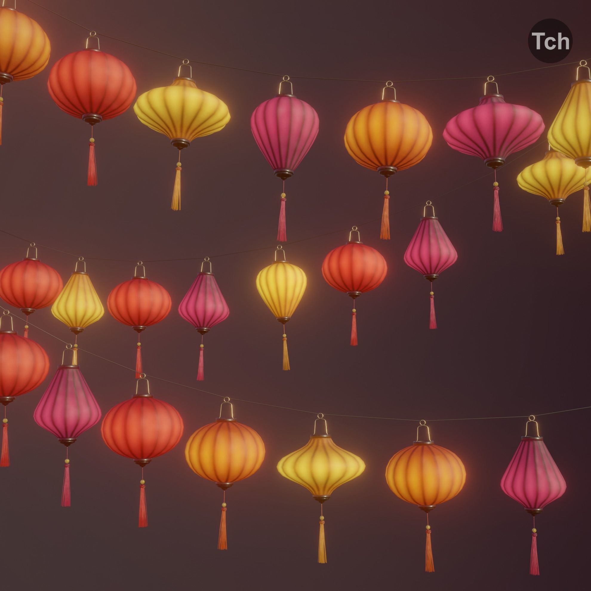 Asian silk lanterns Low-poly 3D model_2