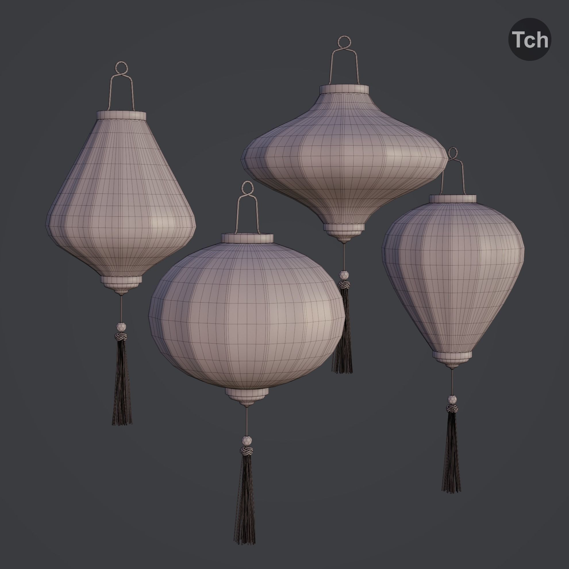 Asian silk lanterns Low-poly 3D model_9