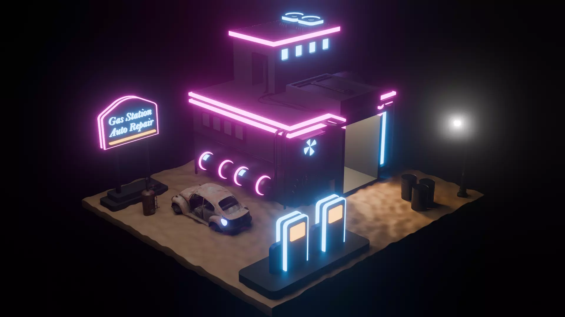 Cyberpunk Stylized Gas Station Building 3D model Low-poly 3D model_0