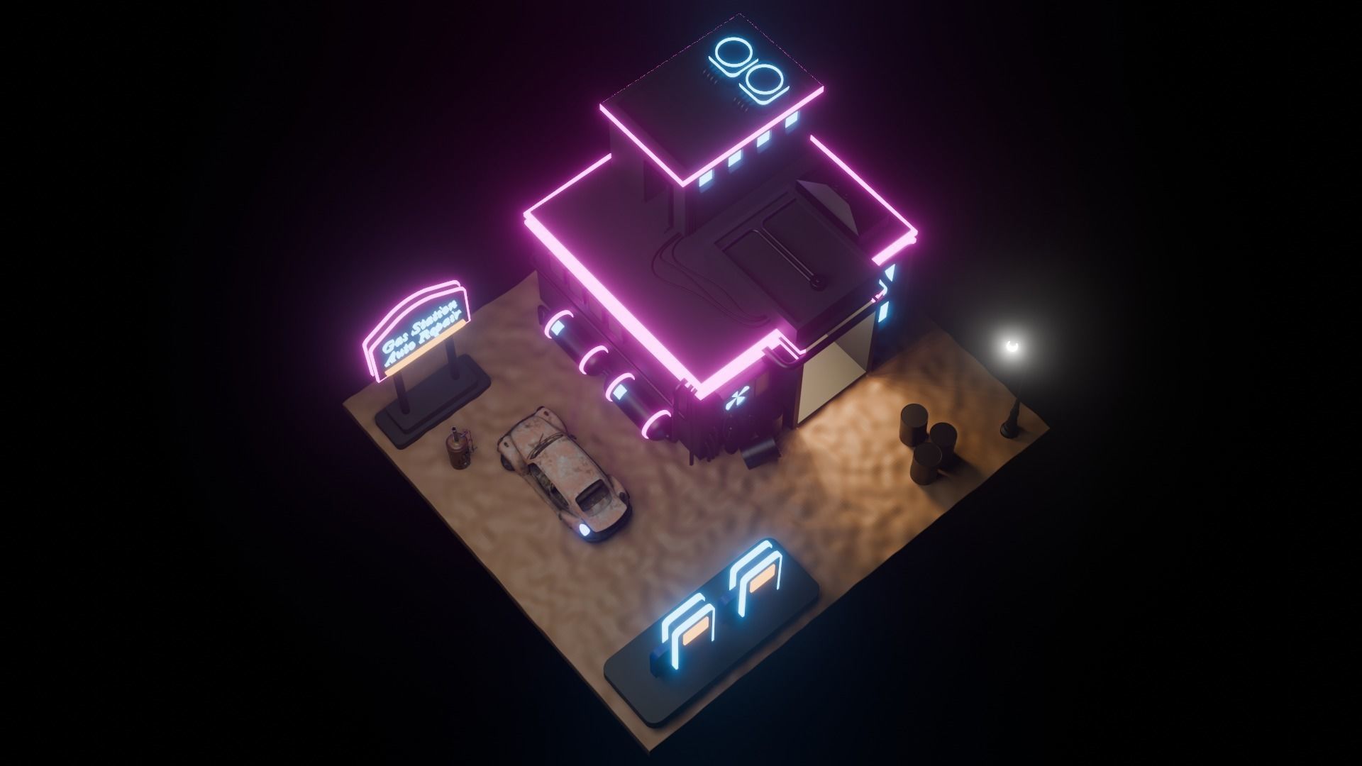 Cyberpunk Stylized Gas Station Building 3D model Low-poly 3D model_9