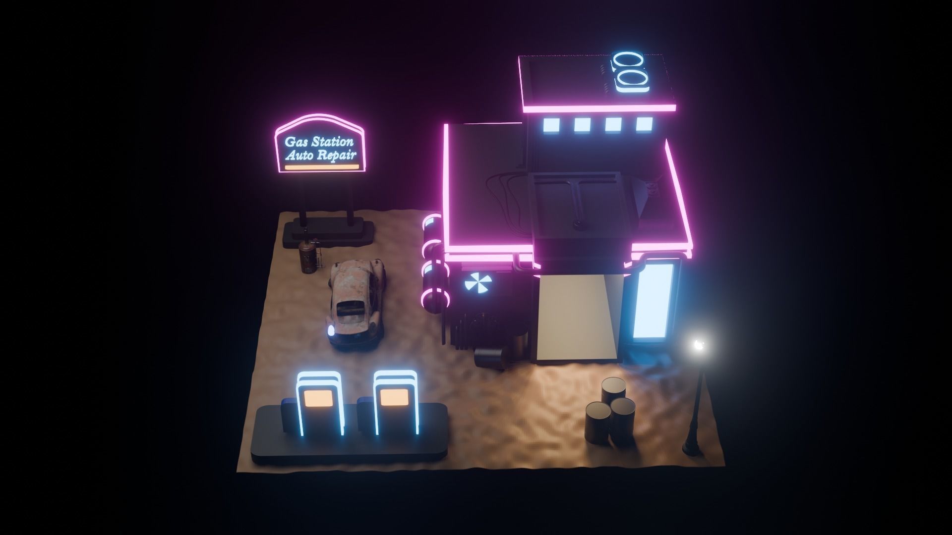 Cyberpunk Stylized Gas Station Building 3D model Low-poly 3D model_2