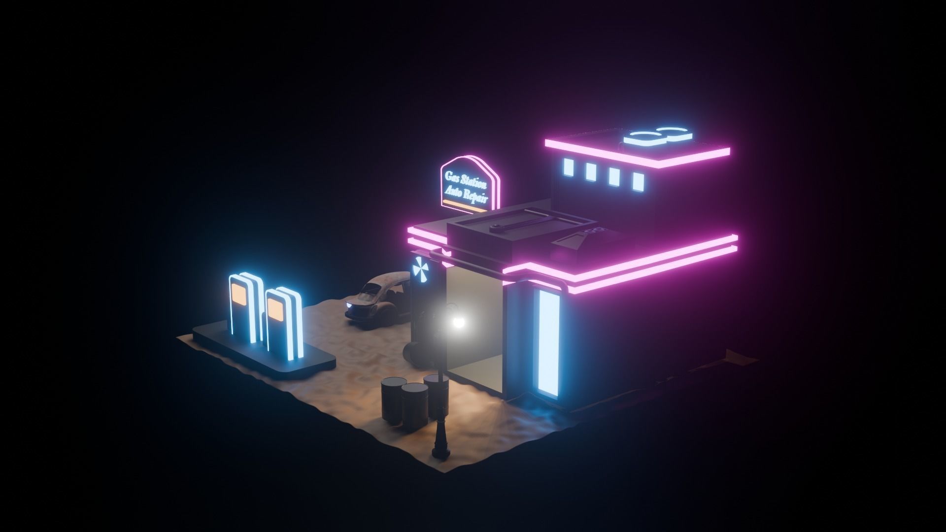 Cyberpunk Stylized Gas Station Building 3D model Low-poly 3D model_1