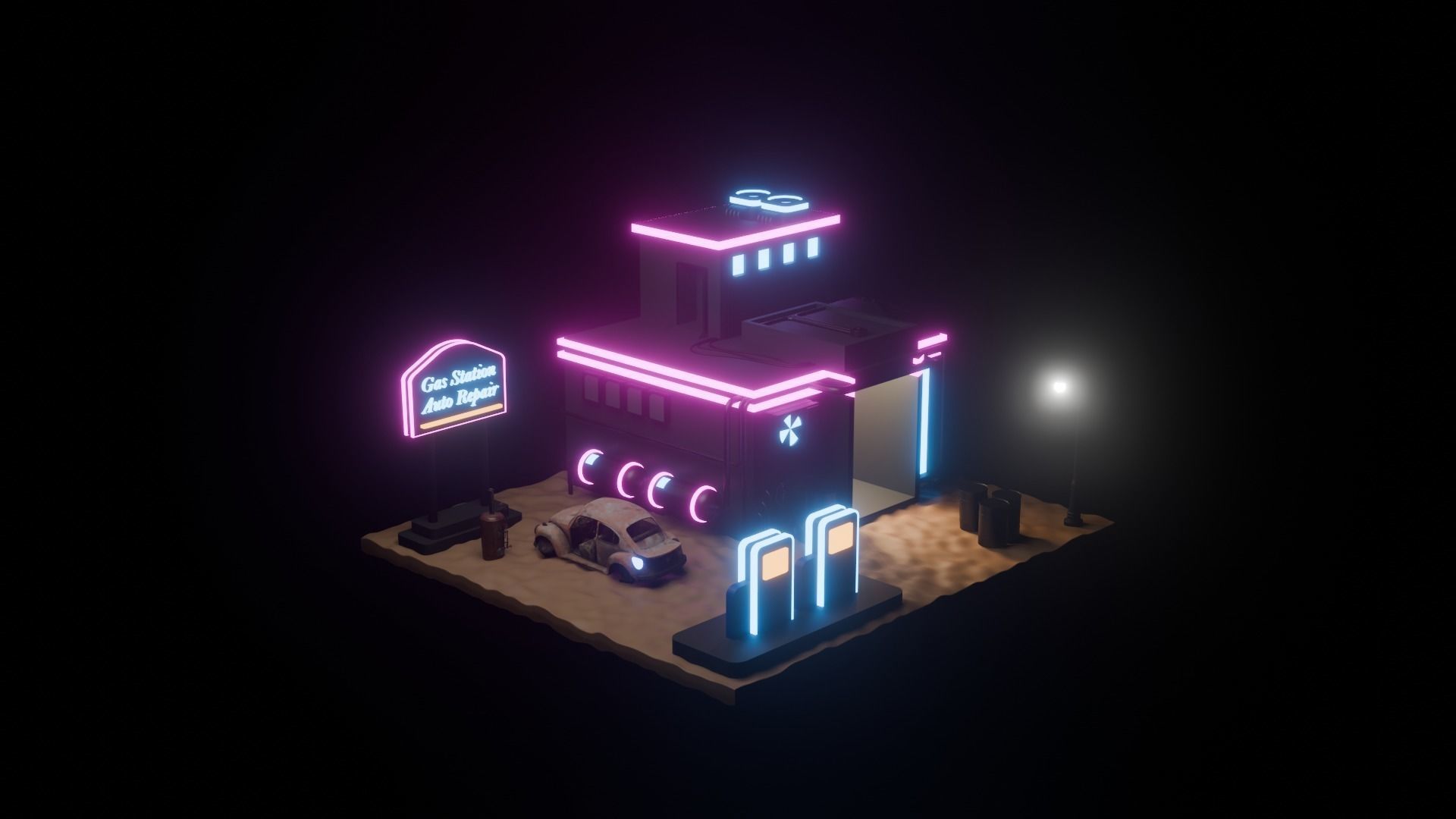 Cyberpunk Stylized Gas Station Building 3D model Low-poly 3D model_3