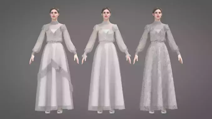 Victorian White Dress Bridal Ball Gown 2 Variations A pose  3D model