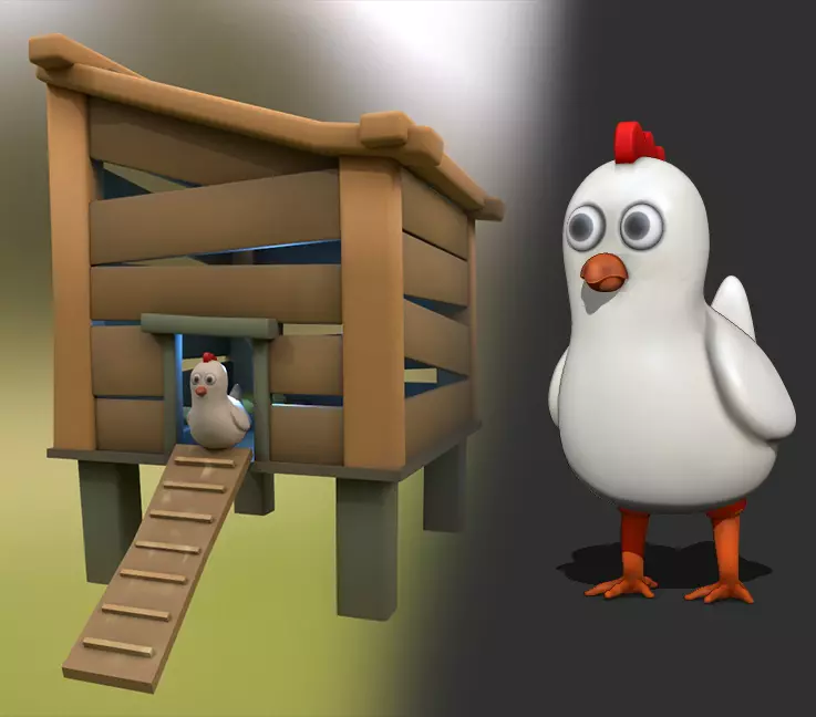 Cartoon Stylized Chicken with Coop Structure Low-poly 3D model_0