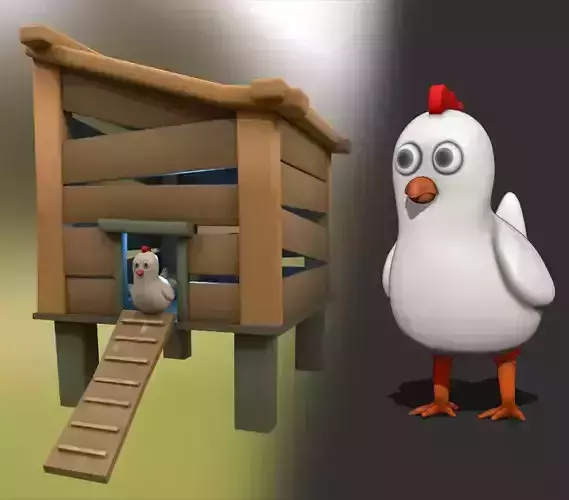 Cartoon Stylized Chicken with Coop Structure Low-poly 3D model