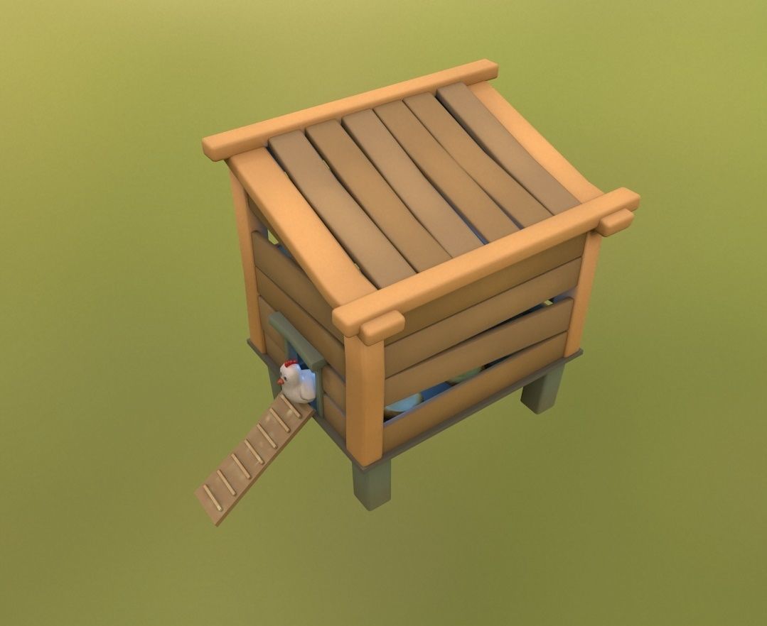 Cartoon Stylized Chicken with Coop Structure Low-poly 3D model_4